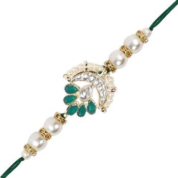 designer kundan pearl rakhi with roli chawal & rakshabandhan card for brother/bro/bhai/men  1