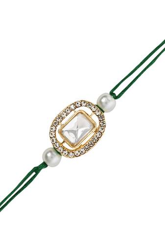 designer kundan pearl bhaiya rakhi with roli chawal & rakshabandhan card for brother/bro/bhai/men (r155g)