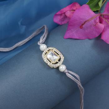 designer kundan pearl bhaiya rakhi with roli chawal & rakshabandhan card for brother/bro/bhai/men  1