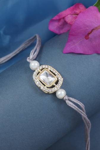designer kundan pearl bhaiya rakhi with roli chawal & rakshabandhan card for brother/bro/bhai/men (r155gr)