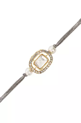 designer kundan pearl bhaiya rakhi with roli chawal & rakshabandhan card for brother/bro/bhai/men 
