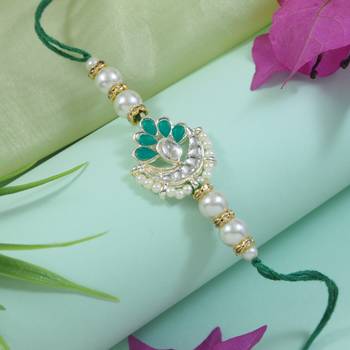 designer kundan pearl rakhi with roli chawal & rakshabandhan card for brother/bro/bhai/men  4