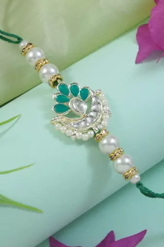 designer kundan pearl rakhi with roli chawal & rakshabandhan card for brother/bro/bhai/men 