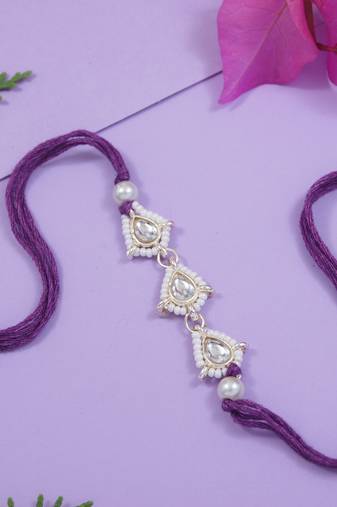 designer kundan pearl rakhi with roli chawal & rakshabandhan card for brother/bro/bhai/men (r147wi)