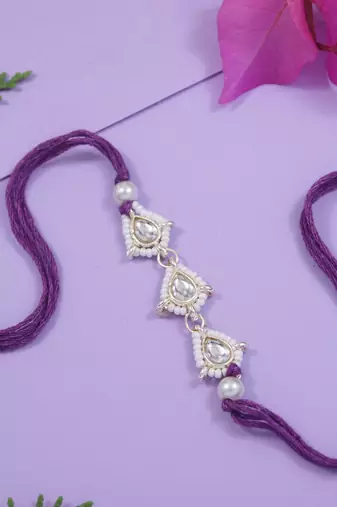 designer kundan pearl rakhi with roli chawal & rakshabandhan card for brother/bro/bhai/men (r147wi)