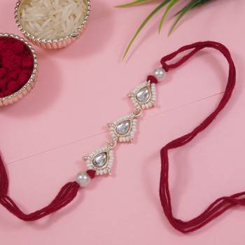 designer kundan pearl bhaiya rakhi with roli chawal & rakshabandhan card for brother/bro/bhai/men  1