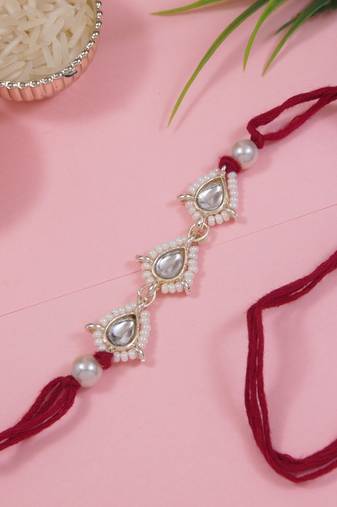 designer kundan pearl bhaiya rakhi with roli chawal & rakshabandhan card for brother/bro/bhai/men (r147m)