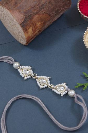 designer kundan pearl bhaiya rakhi with roli chawal & rakshabandhan card for brother/bro/bhai/men (r147gr)