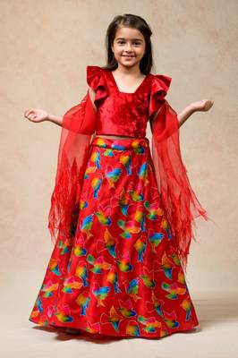 Hand embroidered lehenga with ruffle blouse and feather dupatta 1