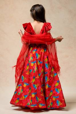 Hand embroidered lehenga with ruffle blouse and feather dupatta 2