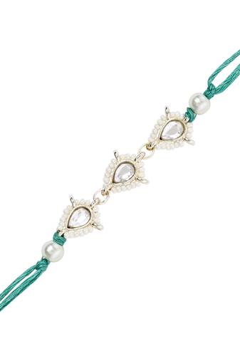 designer kundan pearl bhaiya rakhi with roli chawal & rakshabandhan card for brother/bro/bhai/men (r147g)