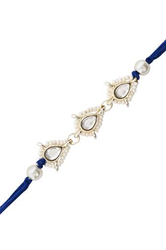 designer kundan pearl bhaiya rakhi with roli chawal & rakshabandhan card for brother/bro/bhai/men (r147bl)