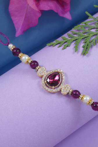 designer kundan pearl bhaiya rakhi with roli chawal for brother/bro/men with rakshabandhan card (r146wi)