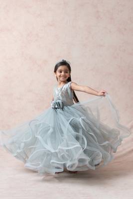 Mist greyish blue brocade silk ruffled net gown 1