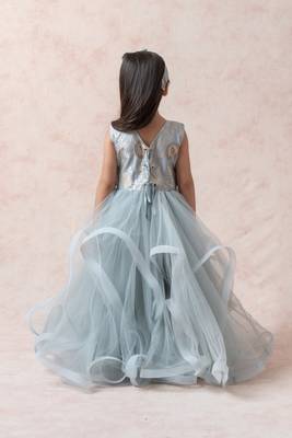 Mist greyish blue brocade silk ruffled net gown 2