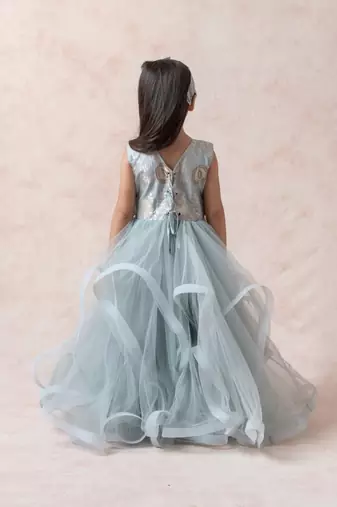 Mist greyish blue brocade silk ruffled net gown