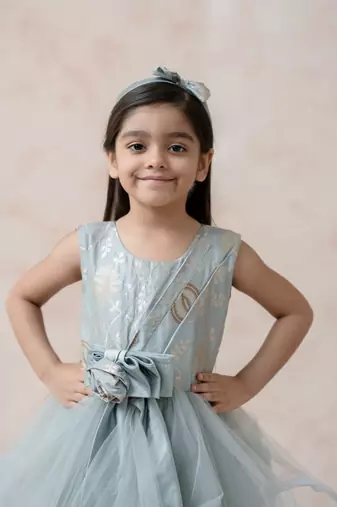 Mist greyish blue brocade silk ruffled net gown