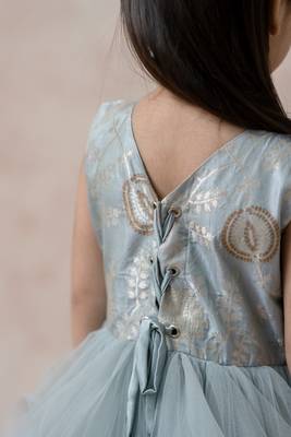 Mist greyish blue brocade silk ruffled net gown 4