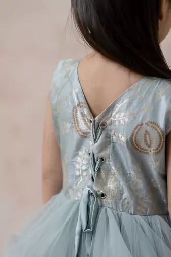 Mist greyish blue brocade silk ruffled net gown