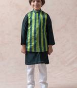 Bottle green tanchoi silk nehru jacket with chanderi kurta and pajama