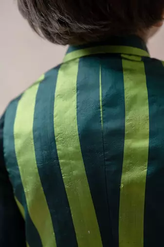 Bottle green tanchoi silk nehru jacket with chanderi kurta and pajama