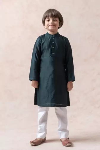 Bottle green tanchoi silk nehru jacket with chanderi kurta and pajama