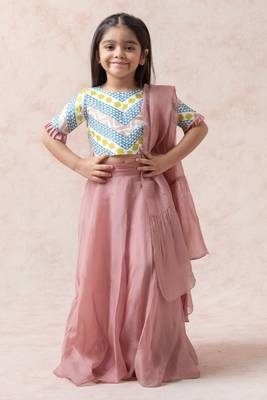 Cotton silk printed choli with powder pink lehenga and ruffle dupatta 1