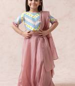 Cotton silk printed choli with powder pink lehenga and ruffle dupatta