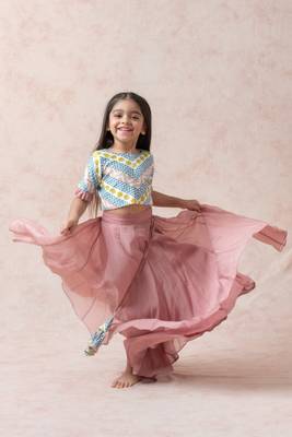 Cotton silk printed choli with powder pink lehenga and ruffle dupatta 3