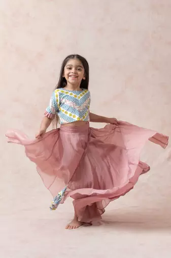 Cotton silk printed choli with powder pink lehenga and ruffle dupatta