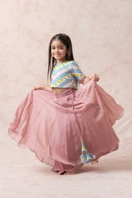 Cotton silk printed choli with powder pink lehenga and ruffle dupatta 4