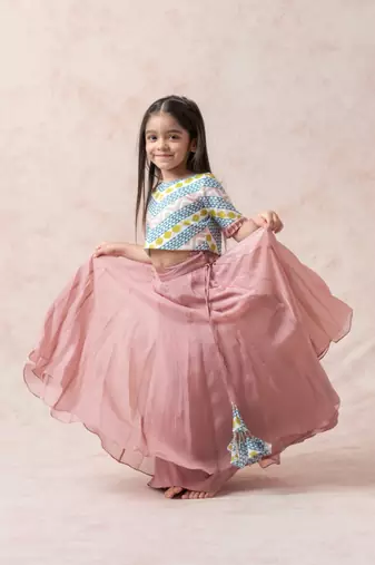 Cotton silk printed choli with powder pink lehenga and ruffle dupatta