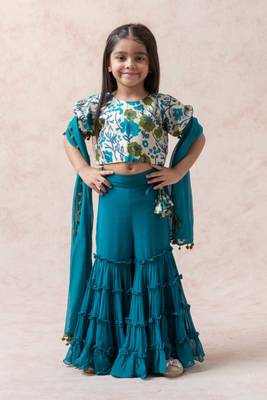 Teal blue tussar silk crop top with gharara 1
