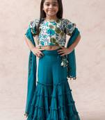 Teal blue tussar silk crop top with gharara