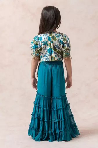 Teal blue tussar silk crop top with gharara
