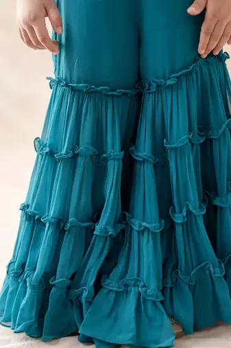 Teal blue tussar silk crop top with gharara
