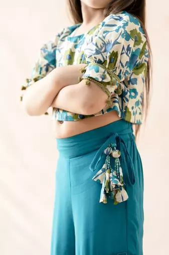 Teal blue tussar silk crop top with gharara
