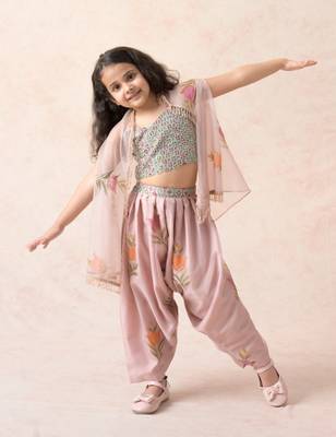 Hand embroidered crop top with pleated dhoti pants and cape 1
