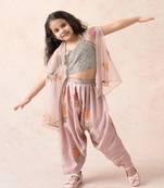 Hand embroidered crop top with pleated dhoti pants and cape