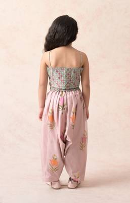 Hand embroidered crop top with pleated dhoti pants and cape 2
