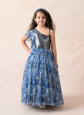 Modern floral print chiffon gathered gown with metallic bodice 1