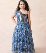 Modern floral print chiffon gathered gown with metallic bodice