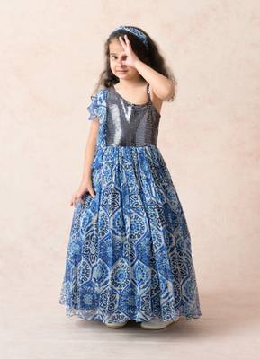 Modern floral print chiffon gathered gown with metallic bodice 2