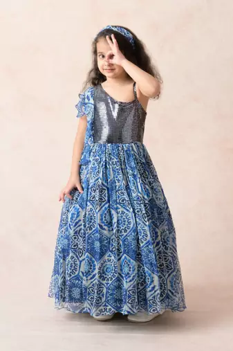 Modern floral print chiffon gathered gown with metallic bodice