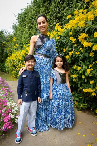 Modern floral print chiffon gathered gown with metallic bodice