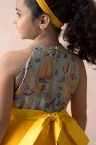 Hand embroidered cloud grey floral print gown