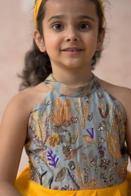 Hand embroidered cloud grey floral print gown 4