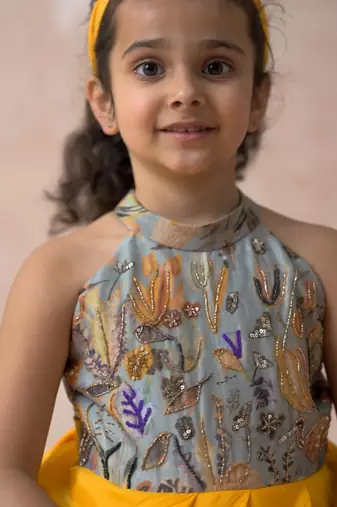 Hand embroidered cloud grey floral print gown