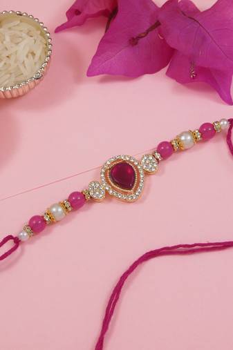 designer kundan pearl bhaiya rakhi with roli chawal for brother/bro/men with rakshabandhan card (r146q)
