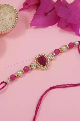 designer kundan pearl bhaiya rakhi with roli chawal for brother/bro/men with rakshabandhan card (r146q)